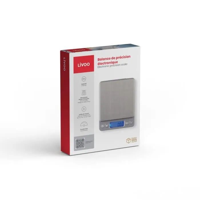 Livoo DOM474 Báscula Electrónica de Precisión con Bandeja de Acero Inoxidable - Máx. 500 g - 6 Unidades de Medida - Pantalla LCD 5