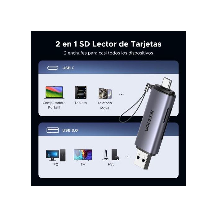 UGREEN 50706 Lector de Tarjetas USB/Micro-USB Doble SD/Micro SD, Plata 3