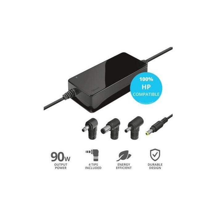 Trust MAXO 23393 Cargador Portátil 90W Automático para HP, Compatible 18-20V, con 4 Conectores y Protección Inteligente Trust MAXO 23393 Cargador Portátil 90W Automático para HP, Compatible 18-20V, con 4 Conectores y Protección Inteligente