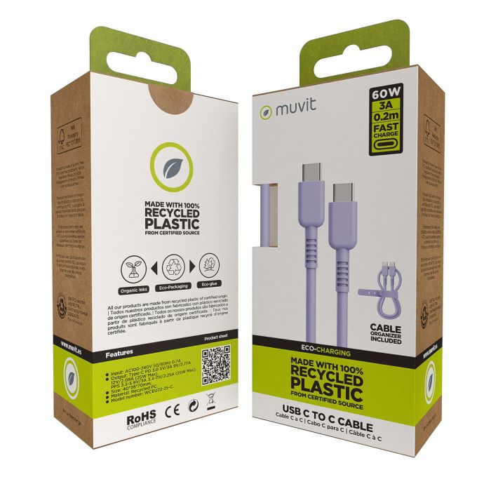 muvit for change cable Tipo C a Tipo C 3A/60W 0.2m lavanda 4 muvit for change cable Tipo C a Tipo C 3A/60W 0.2m lavanda 4