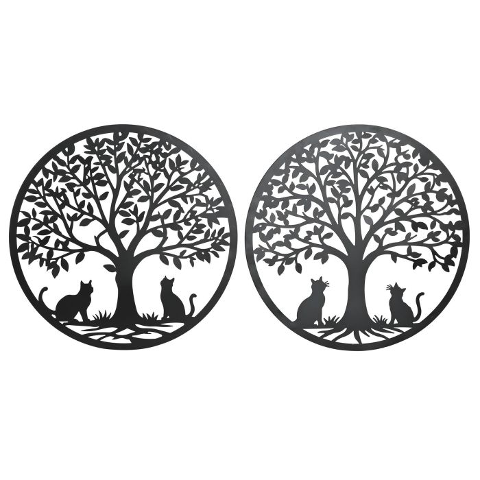 DKD Home Decor Decoración de Pared Shabby Diseño Árbol Gato Metal Negro 60x60 cm (4 Unidades)