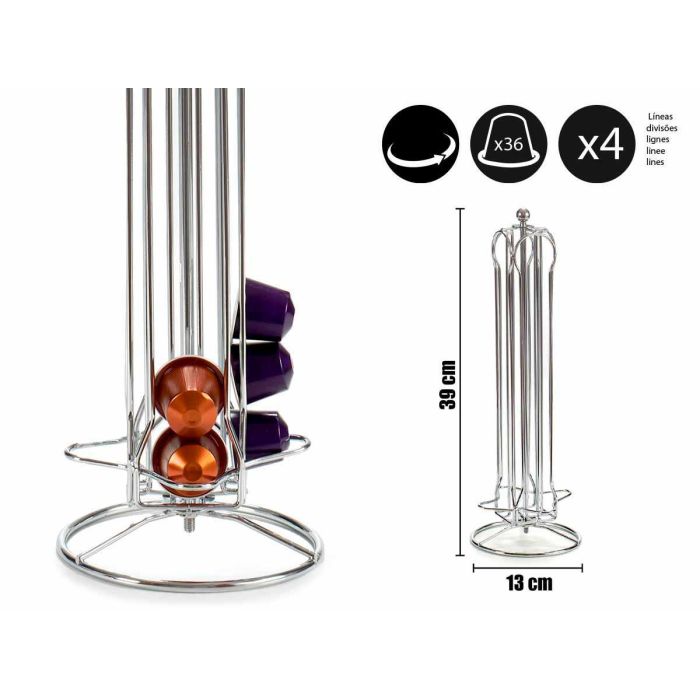 Kinvara Portacápsulas Giratorio para 36 Cápsulas Pequeñas Tipo Nespresso, Metal Plata, 13x39x13 cm (Set de 12)