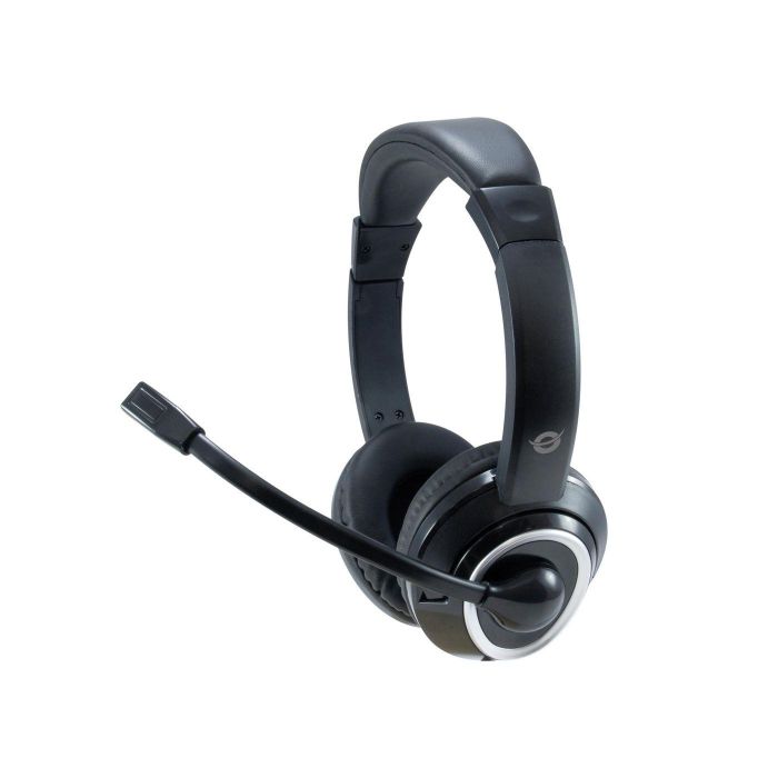 Conceptronic Auriculares USB con Micrófono Flexible y Control de Volumen, Negro-Blanco