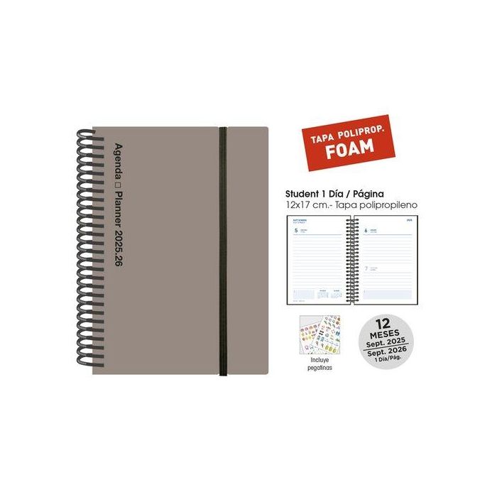 Agenda Escolar (2025-26) Senfort Student Foam Espiral Tapa Pp Con Goma 120X170 D/P Gris