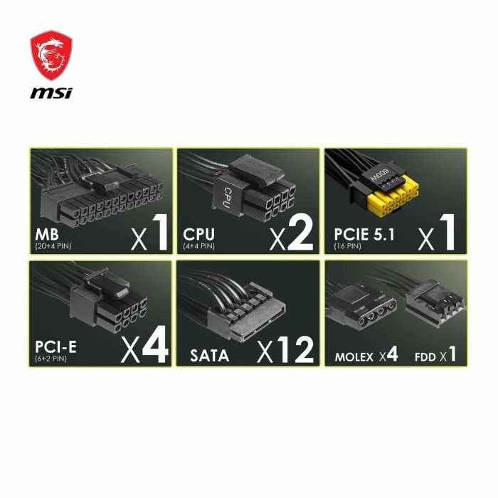 Fuente de Alimentación MSI 306-7ZP9B11-CE0 1000 W ATX 80 Plus Gold 6 Fuente de Alimentación MSI 306-7ZP9B11-CE0 1000 W ATX 80 Plus Gold 6