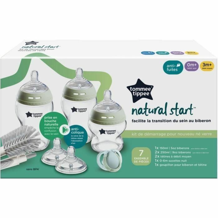 Caja para biberones - TOMMEE TIPPEE - NATURAL START - Vidrio - Biberones anticólicos 150 ml / 250 ml - Tetinas flujo medio 5