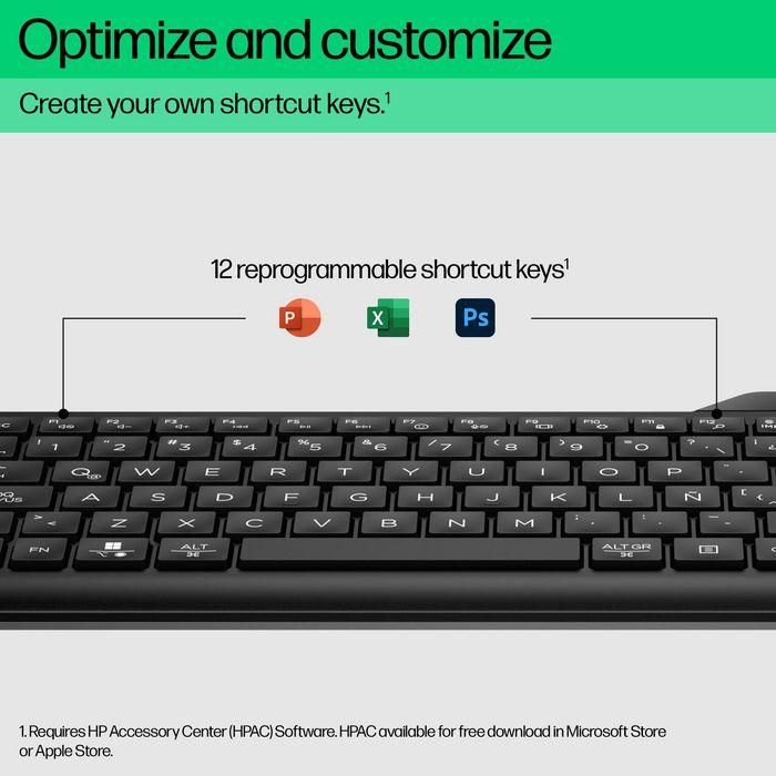 HP Compact Bluetooth keyboard supporting up to three devices, full-size layout, spill-resistant design, long battery life. 22
