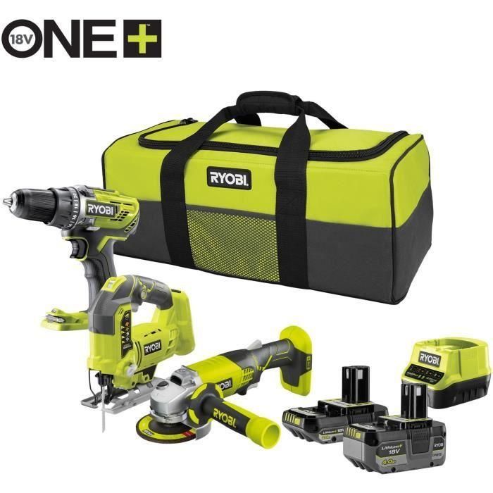 RYOBI 3 herramientas: 1 taladro-destornillador Brushless + 1 amoladora de 115 mm + 1 sierra de calar + 2 baterías 4 Ah y 2 Ah + 1 cargador y 1 bolsa 1