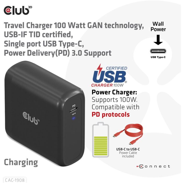 Club3D Ladegerät 1xUSB Typ C PD 100W. GaN retail 4 Club3D Ladegerät 1xUSB Typ C PD 100W. GaN retail 4
