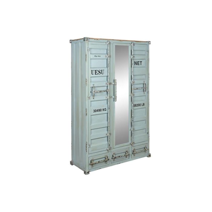 DKD Home Decor Armario Vintage Metal Azul Celeste 112x46x174 cm Estilo Contenedor con 2 Puertas, 3 Cajones, 2 Estantes