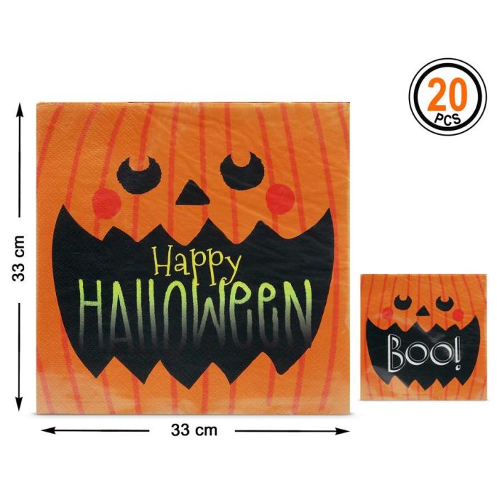 Servilletas de Halloween 33x33 cm Pack de 20 con Diseño de Calabaza - Decoración Temática para Fiestas y Meriendas