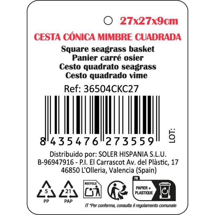 Cesta Cónica de Mimbre Cuadrada 27x27x9 cm Korne - Privilege (12 Unidades) 3 Cesta Cónica de Mimbre Cuadrada 27x27x9 cm Korne - Privilege (12 Unidades) 3