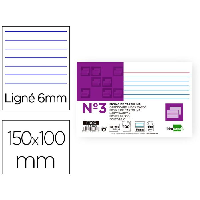 Ficha Liderpapel Rayada Nº3 100x150 mm 180 gr-M2 Paquete De 100 Unidades