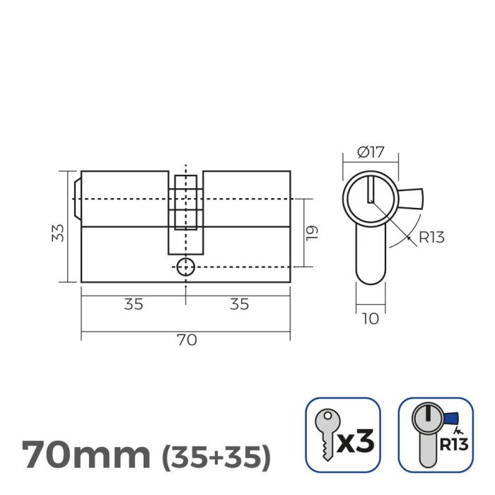 Bombín de latón 70mm (35+35mm) leva corta r13 con 3 llaves de serreta incluidas 1 Bombín de latón 70mm (35+35mm) leva corta r13 con 3 llaves de serreta incluidas 1