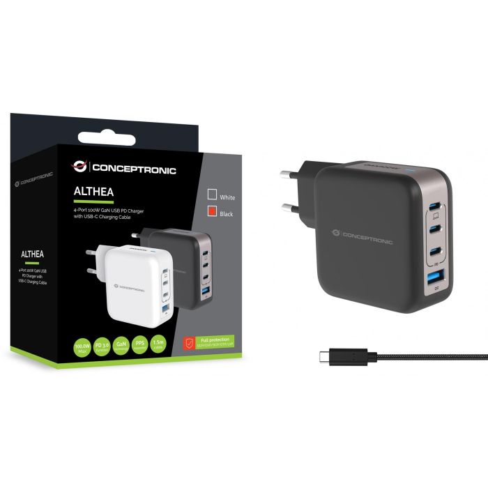 Conceptronic ALTHEA18B Cargador de Pared 100W, 4 Puertos (3x USB-C PD, 1x USB-A QC 3.0) Negro 2