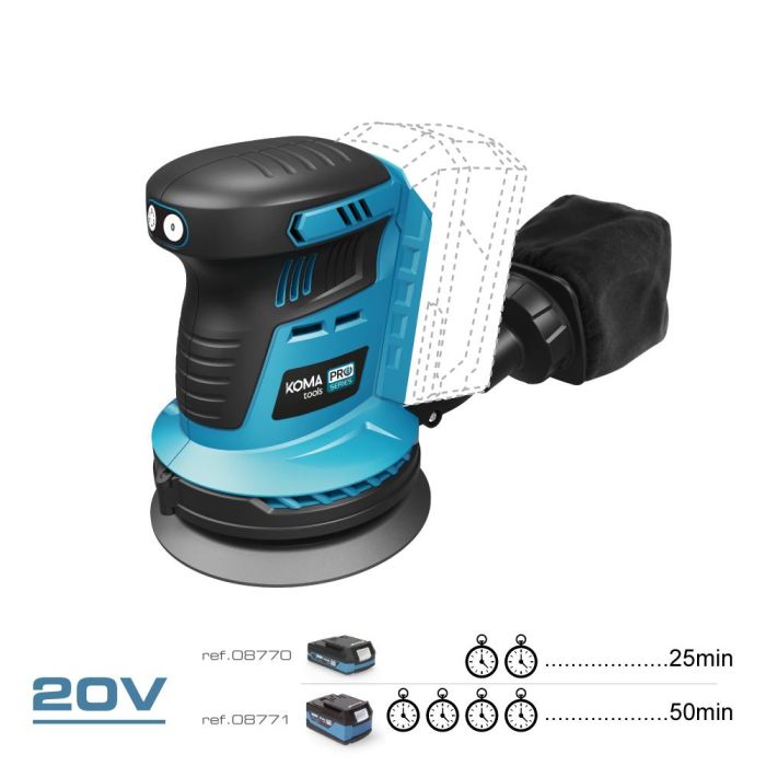 Koma Tools 20V-LE Lijadora Excéntrica Brushless 20V Ø125mm, 3 Velocidades (6000-11000rpm) sin Batería ni Cargador 1 Koma Tools 20V-LE Lijadora Excéntrica Brushless 20V Ø125mm, 3 Velocidades (6000-11000rpm) sin Batería ni Cargador 1