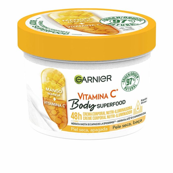 Garnier Crema Corporal Nutri-Iluminadora Superfood Mango para Piel Seca Apagada, Hidratante 48h, 380 ml