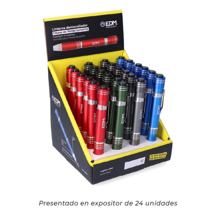 Edm Linterna LED con Destornillador, 6 Puntas Imantadas, IP44, Incluye Clip e Imán, Colores Surtidos 4 Edm Linterna LED con Destornillador, 6 Puntas Imantadas, IP44, Incluye Clip e Imán, Colores Surtidos 4