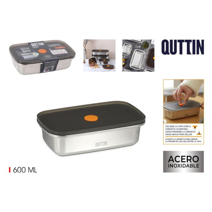Fiambrera hermética rectangular de acero inoxidable Quttin 600 ml (12 Unidades) Fiambrera hermética rectangular de acero inoxidable Quttin 600 ml (12 Unidades)