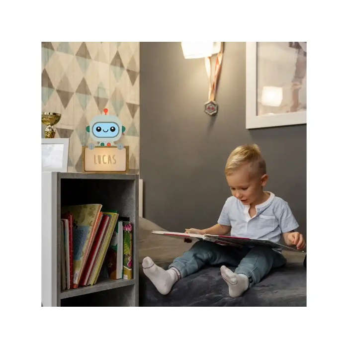Wondee Lampara Robbot Bebe Madera Personalizable con Nombre - Luz Nocturna Infantil con USB-C y Pilas, Incluye Kit Letras (170x50x125 mm) 2
