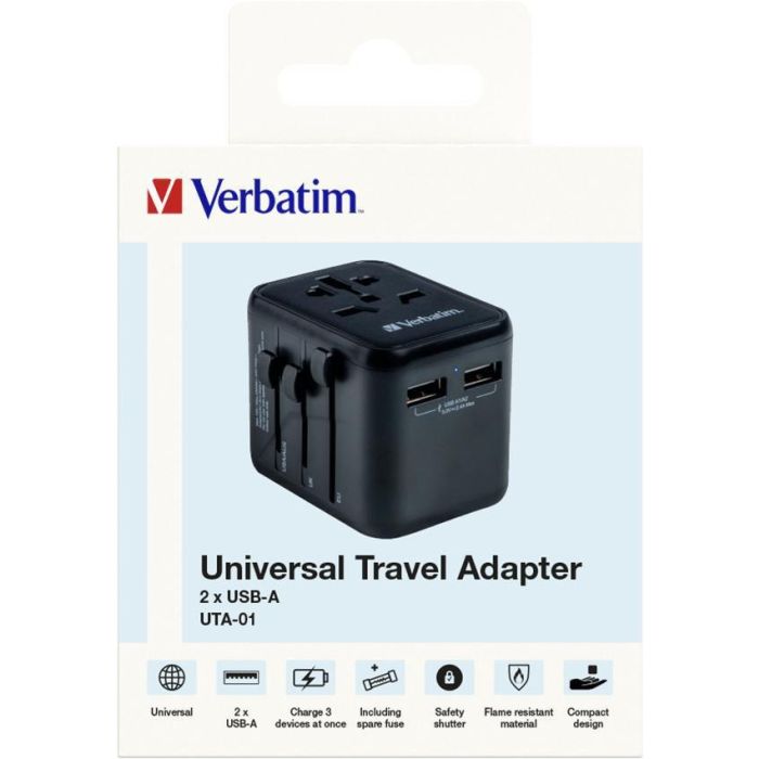 Verbatim UTA-01 Adaptador de Viaje Universal 12W con 2 puertos USB-A, compatible +180 países, carga 3 dispositivos simultáneamente 5 Verbatim UTA-01 Adaptador de Viaje Universal 12W con 2 puertos USB-A, compatible +180 países, carga 3 dispositivos simultáneamente 5