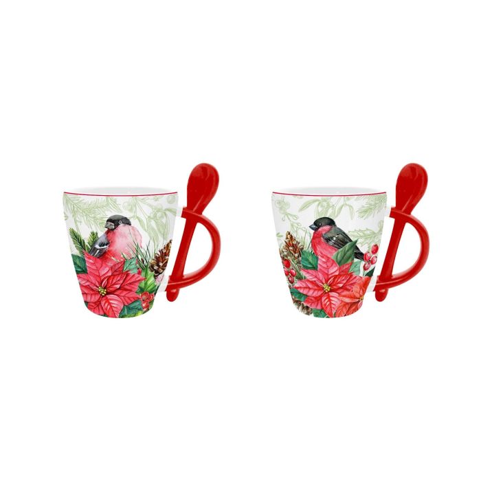 DKD Home Decor Mug Navidad Tradicional Porcelana 300ml Rojo Verde Apto Microondas y Lavavajillas Pack 4 Unidades 8x10x13 cm