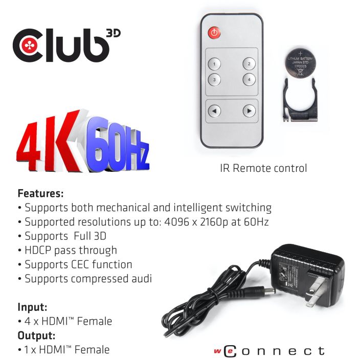 Club3D HDMI Switch Box 4 Entradas 1 Salida 4K Ultra HD 60Hz compatible con HDMI 2.0a, HDCP, con mando a distancia 11 Club3D HDMI Switch Box 4 Entradas 1 Salida 4K Ultra HD 60Hz compatible con HDMI 2.0a, HDCP, con mando a distancia 11