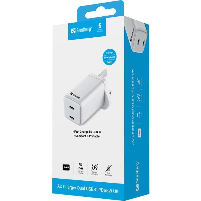 Sandberg AC Charger Dual USB-C PD65W UK 3 Sandberg AC Charger Dual USB-C PD65W UK 3