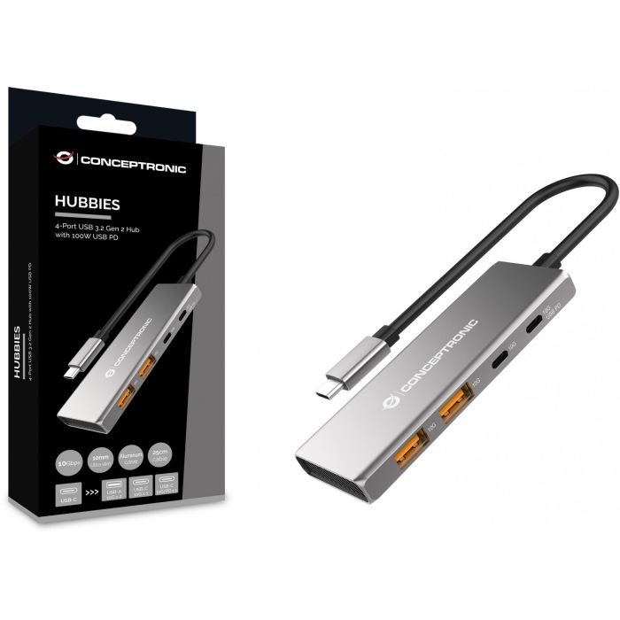 Conceptronic HUBBIES15G 4-Port USB 3.2 Gen 2 Hub, 10Gbps, USB-C x 2, USB-C a W Usb PD/Aluminum 1