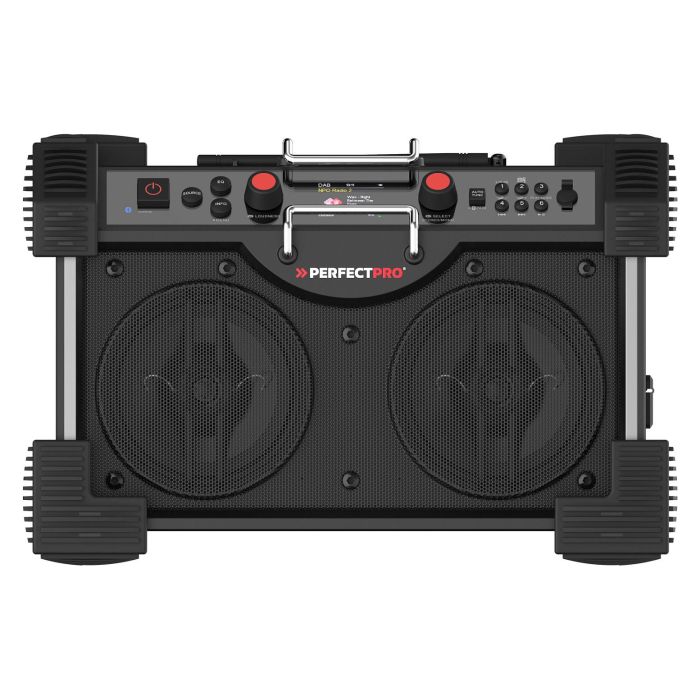 PerfectPro ROCKHART 18V Baustellenradio - Radio de obra digital con DAB+/FM, Bluetooth 5.2, NFC, 60W, 4 altavoces, resistente a golpes y agua (IP44), Negro/Rojo