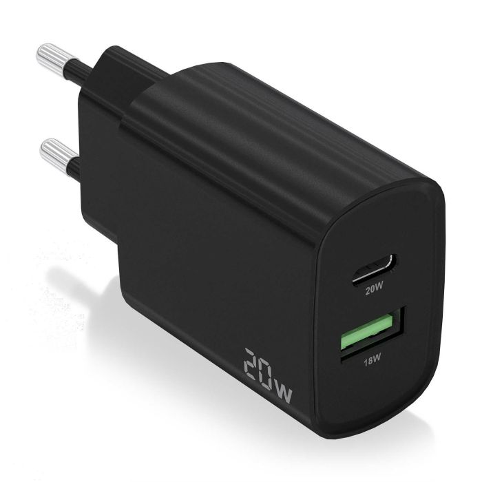 AISENS - CARGADOR 20W, 1xUSB-C PD3.0, 1xUSB-A QC3.0, NEGRO