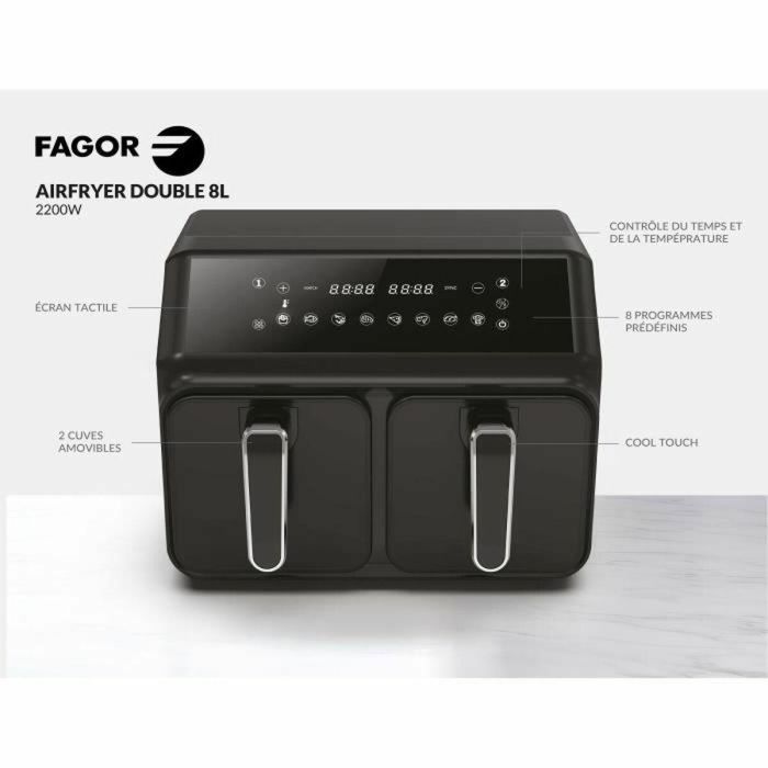 Fagor FAG3508510207584 - Airfryer 8L - Freidora sin aceite 2 depósitos 4L - 2200W - 8 programas - Negra 1 Fagor FAG3508510207584 - Airfryer 8L - Freidora sin aceite 2 depósitos 4L - 2200W - 8 programas - Negra 1