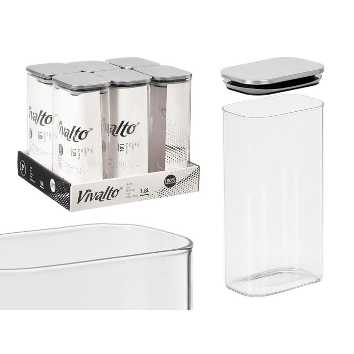 Vivalto Tarro Rectangular de Borosilicato con Tapa de Acero, 1.8 L, Transparente y Plata, 22.5x22x8 cm (12 Unidades)