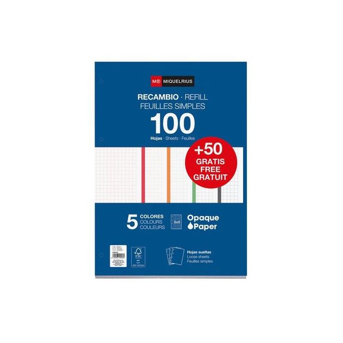 Recambio Miquelrius Notebook 5 A4 100+50H 90Gr 4 Taladros Cuadric.5X5 Intensos