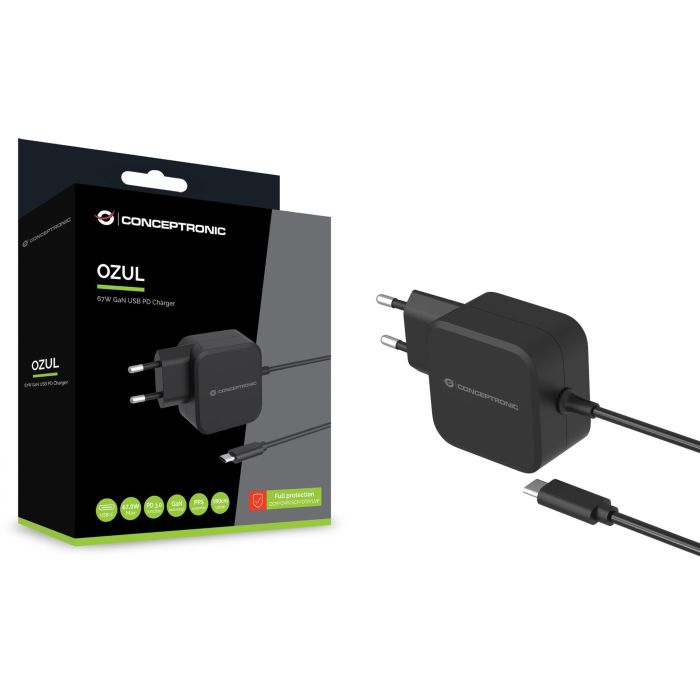 Conceptronic OZUL04BE Cargador Pared USB PD GaN 67W USB-C con Cable Incorporado 180cm Negro 3