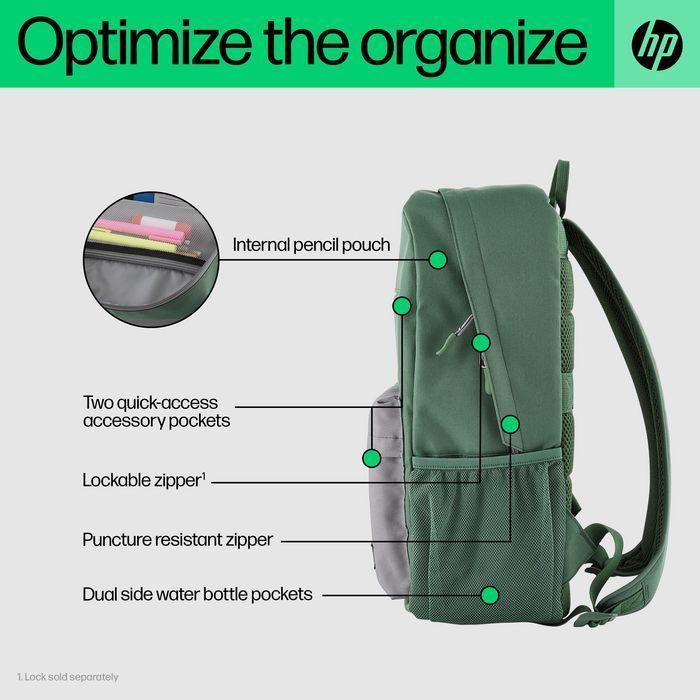 HP Mochila Campus Verde, Extra Segura con Cremallera Bloqueable y Bolsillo Acolchado para Portátil, Materiales Resistentes a la Lluvia