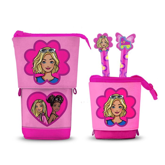 Barbie Estuche Portatodo Vertical Cute + 2 Bolígrafos de Gel Borrables Flower Rosa con Cremallera y Forro Interior