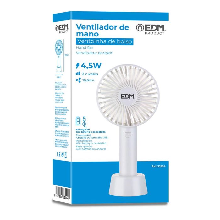 Ventilador de mano, recargable. 4,5w aspas 10,6x6,5x22cm edm 1