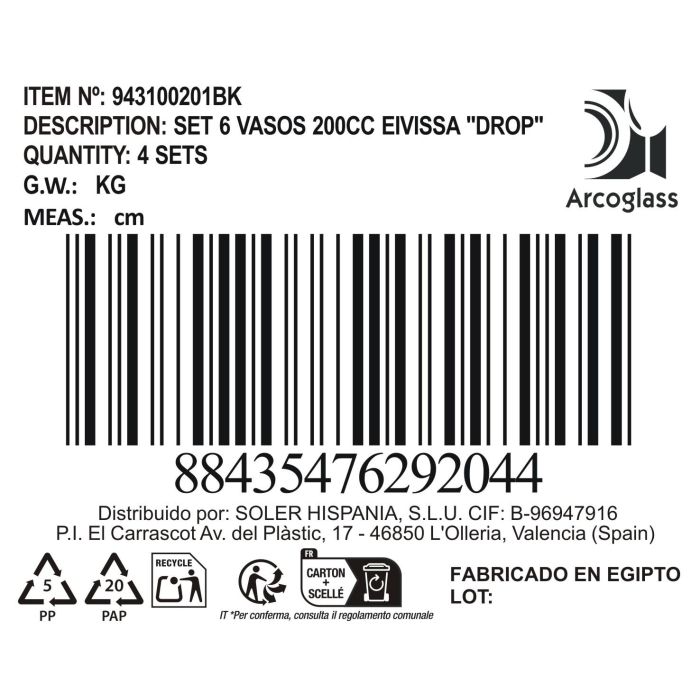 Set de 6 Vasos Eivissa Drop 200 cc - Inde (8 Cajas) 1 Set de 6 Vasos Eivissa Drop 200 cc - Inde (8 Cajas) 1
