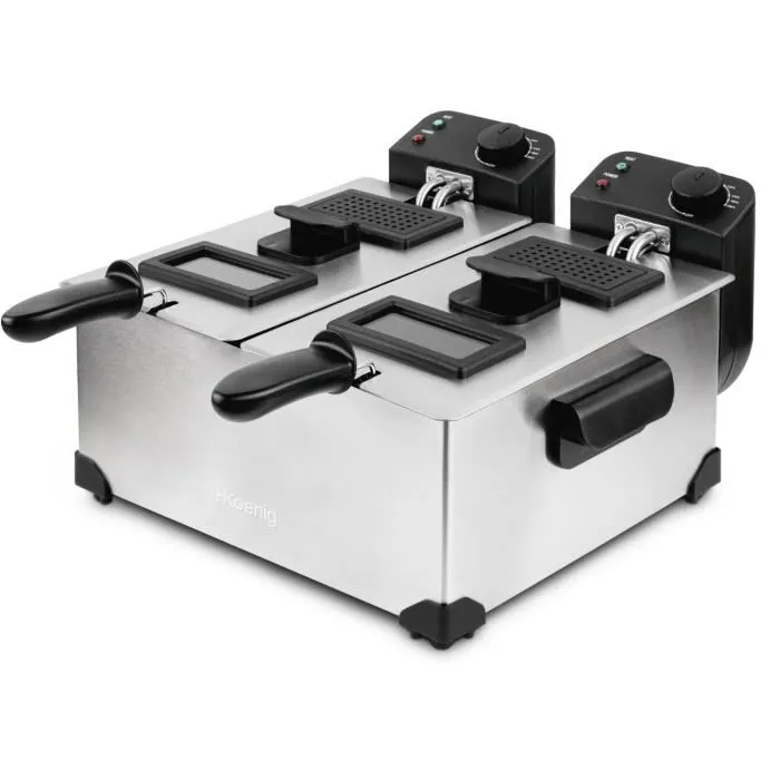 HKoenig DFX600 Freidora Doble Sartén 2x3L 6L 3600W Acero Inoxidable con Termostatos Independientes Cestas Extraíbles Filtros Antiolor 1