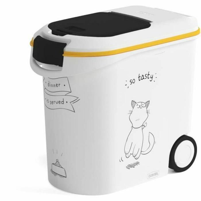 Curver Contenedor de alimentos El Diner se sirve para gatos, 12 kg, 35 L, con sello hermético y doble apertura, blanco y negro Curver Contenedor de alimentos El Diner se sirve para gatos, 12 kg, 35 L, con sello hermético y doble apertura, blanco y negro