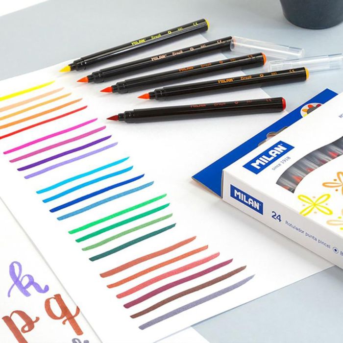 Milán Rotuladores base agua punta de pincel, 24 colores surtidos, caja 24 uds 3 Milán Rotuladores base agua punta de pincel, 24 colores surtidos, caja 24 uds 3