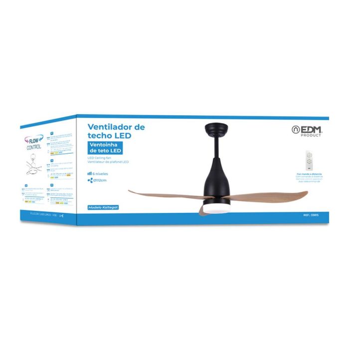 Edm Ventilador de techo Kattegat 112cm DC 15W + Luz LED 18W 2.190LM 3.000K-4.000K-5.000K, 3CCT, Negro con Palas de Madera 3 Edm Ventilador de techo Kattegat 112cm DC 15W + Luz LED 18W 2.190LM 3.000K-4.000K-5.000K, 3CCT, Negro con Palas de Madera 3