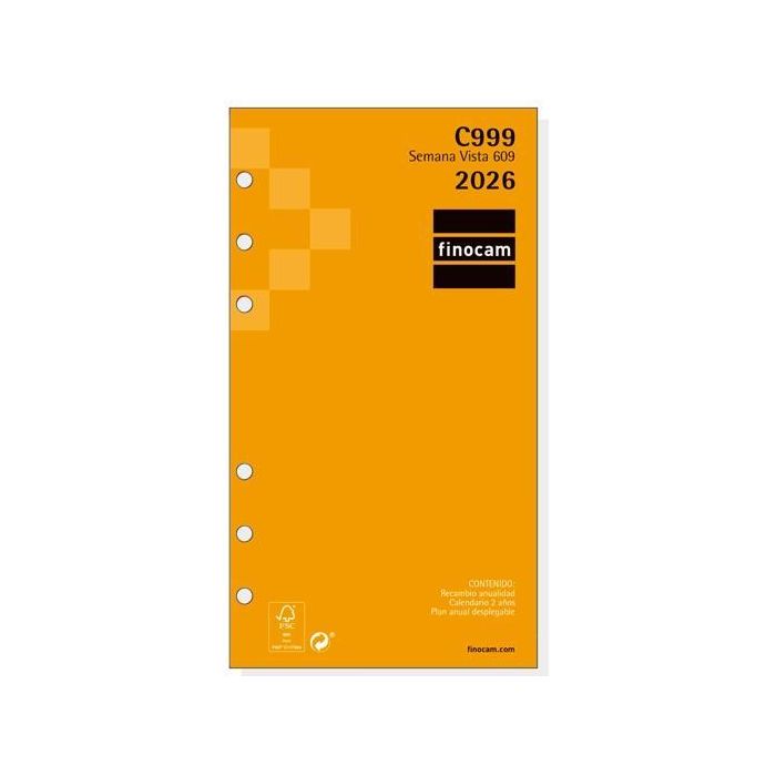 Finocam 201260026 Recambio Anual 2026 Classic 609, 94x171mm, Semana Vista Horizontal, Enero-Diciembre, Papel FSC