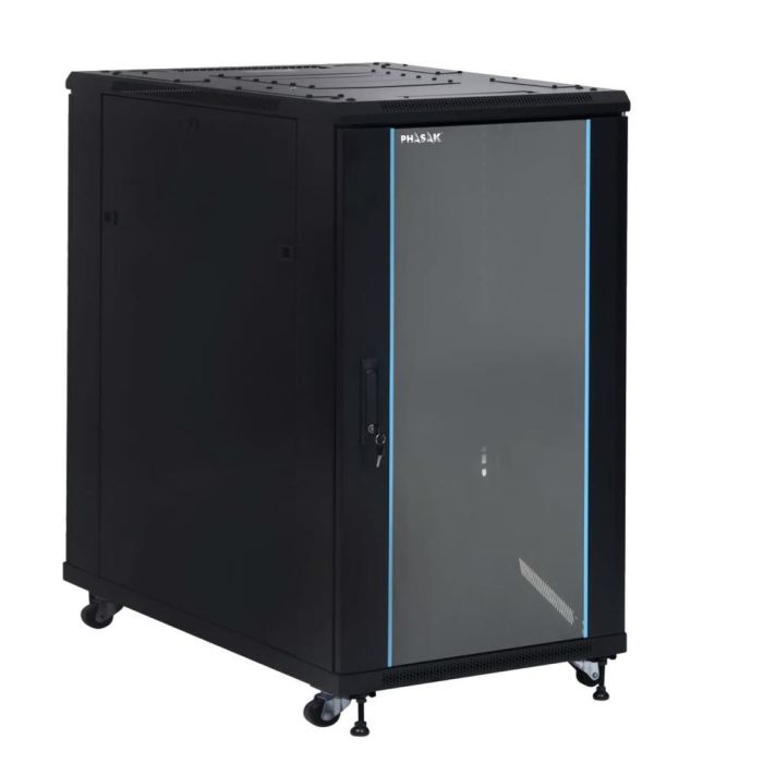 PHASAK Armario Rack 19" Phasak Pro 22U 600x1000 Montado (Incluye: 2 bandejas de 19? + Regleta electrica 19? + Juego de ruedas + Ventilacion)