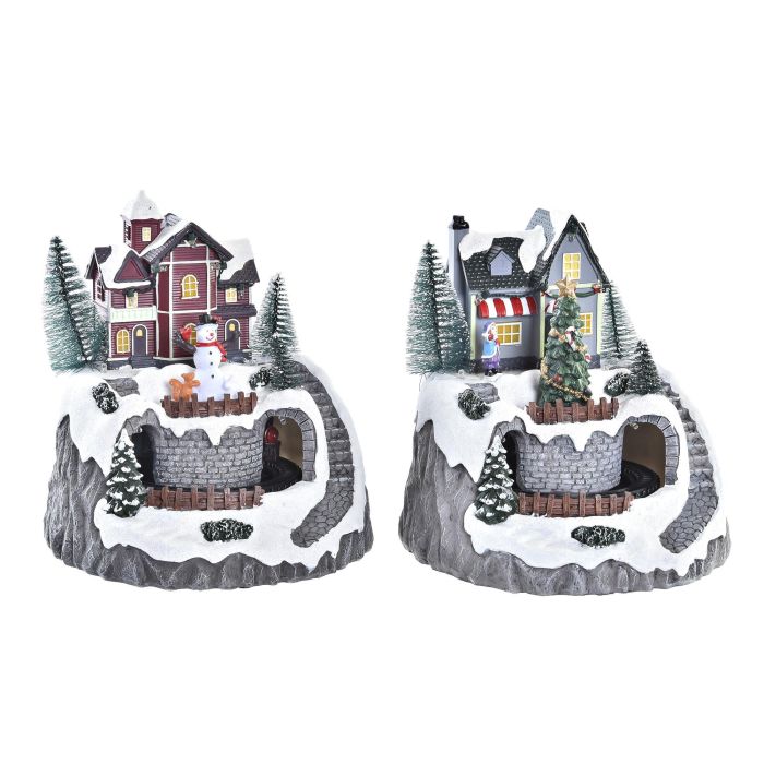 DKD Home Decor Casa de Navidad Tradicional con Movimiento LED y Resina Multicolor 18x20x18 cm (2 Unidades)