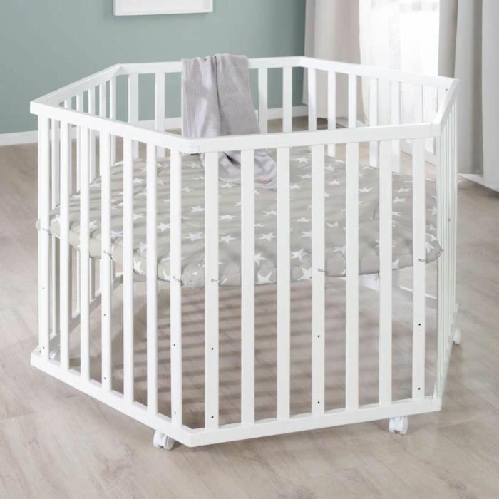 Roba AAAIG92169 Parque infantil hexagonal de madera lacada en blanco LITTLE STARS, altura regulable, funda acolchada, ruedas con freno. 2
