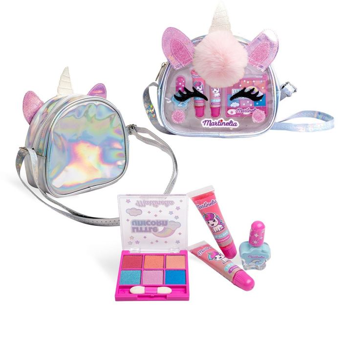 MARTINELIA 85509 Bolso Maquillaje Little Unicorn con Paleta de Sombras, Esmalte y Brillos Labiales - Set de Belleza +4 años