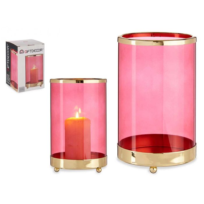 Base para Vela Cristal Cilíndrica Rosa con Metal Oro - Giftdecor 12x19 cm (8 Unidades) Base para Vela Cristal Cilíndrica Rosa con Metal Oro - Giftdecor 12x19 cm (8 Unidades)