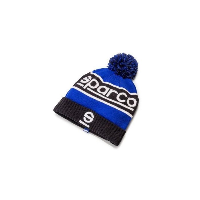 Sparco S01232BMAZ Gorra Windy Azul de Invierno con Pompón y Logotipos Tejidos - 100% Acrílico Talla Universal